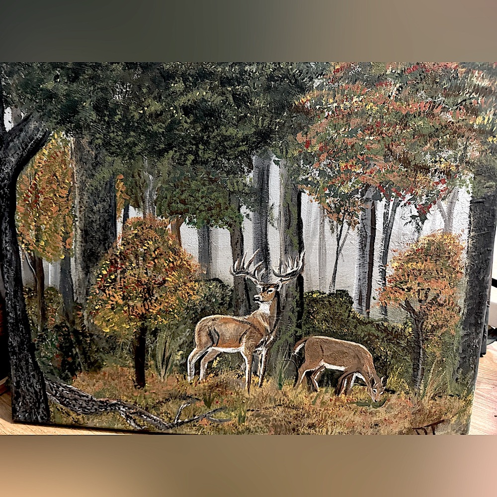Acrylic deer in Forrest painting on stretched canvas.